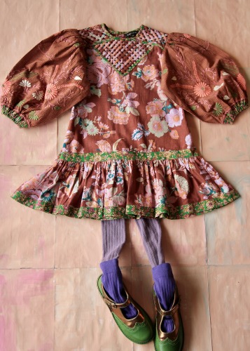 Bonjour Folk dress with braid top  &amp; embroidery Big brown flower