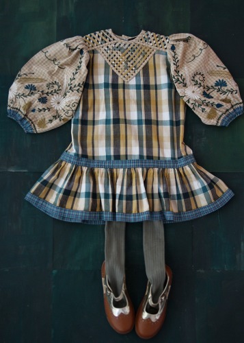 Bonjour Folk dress with braid top  &amp; embroidery Big green check