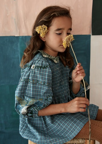 Bonjour Tunique blouse with embroidery balloon sleeve Small blue check