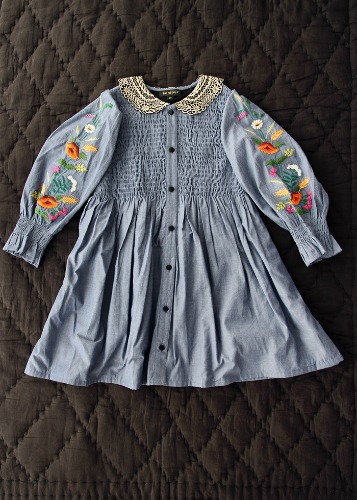 Bonjour DRESS WITH EMBROIDERY COLLAR &amp; SLEEVE - Chambray
